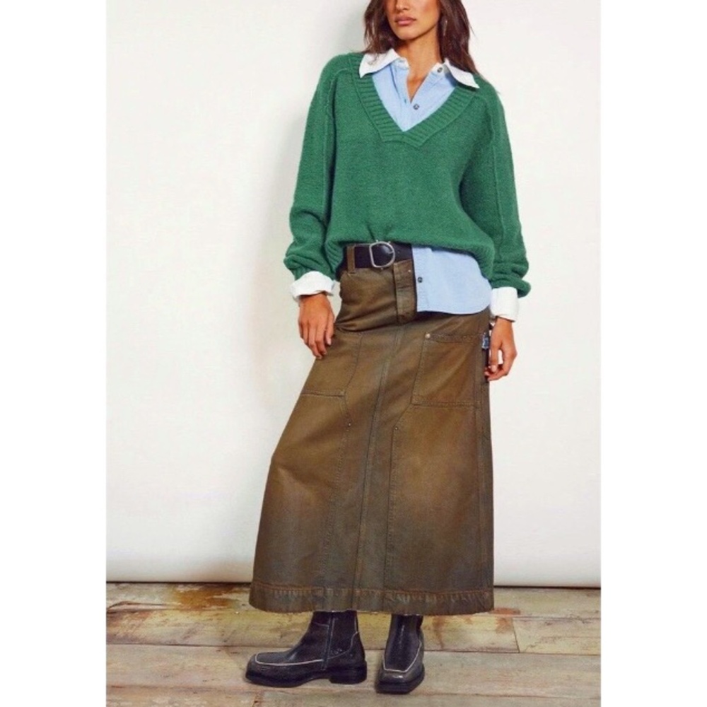 NWOT Free People Harmonica Denim Maxi Skirt, Size 30, Olive